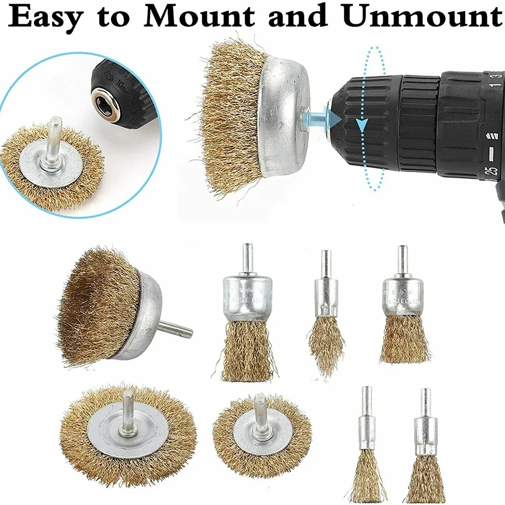

9X Drill Wire Wheel Brush Cup & Flat Crimped Steel Drill Attachment Brushes Removing Rust And Corrosion