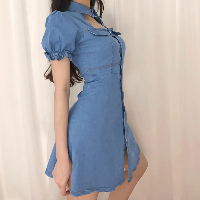 

Women Summer Style Dress 2020 New Arrivals Sexy Short Puff Sleeve Turn-down Collar Hole Button Denim Party Dresses Vestidos