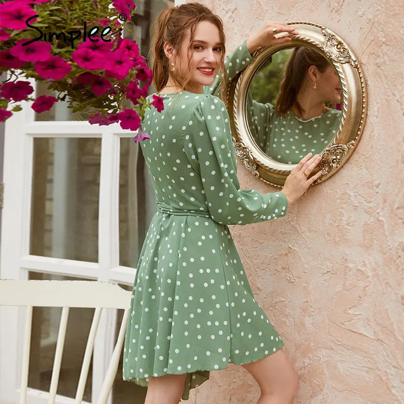 Simplee Commute вырез лодочкой в горошек зеленое женское платье с длинным рукавом
