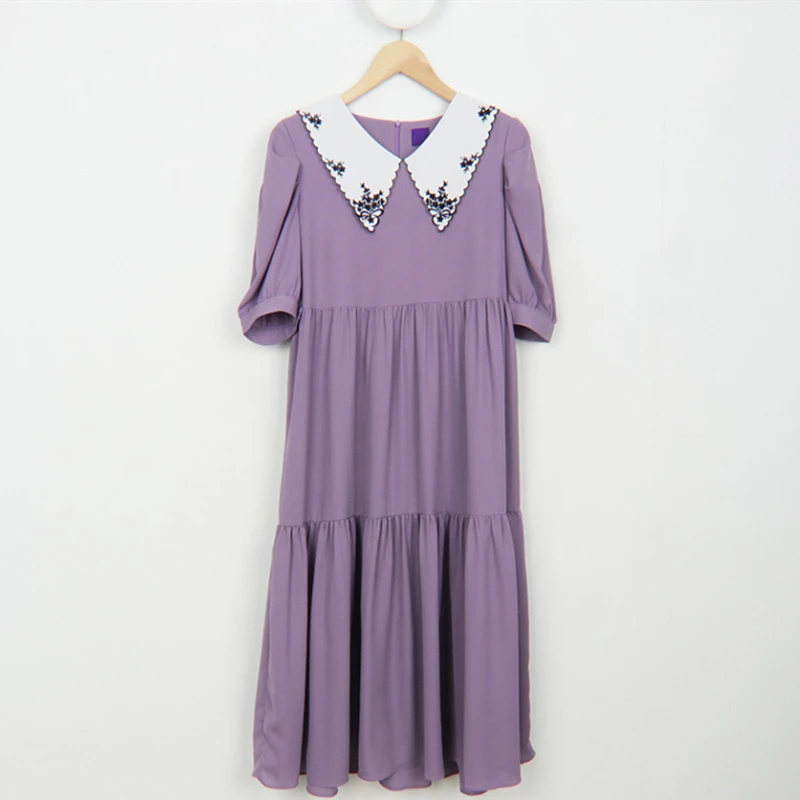 

New 2021 Women Spring Summer Shirt Dress Casual Half Sleeve Embroidery V-Neck Oversize Korean Lady Long Dress