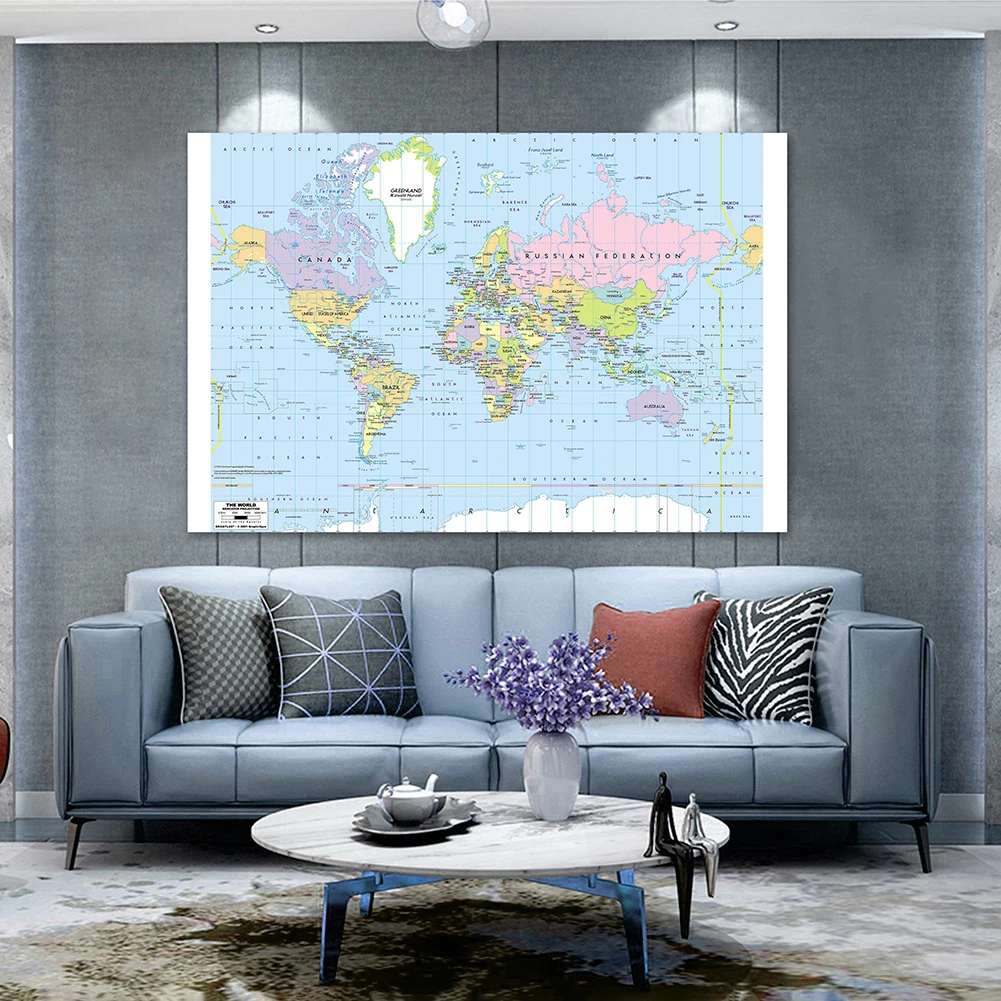 

140*100cm Political Map of The World with Details Non-woven Canvas Painting Wall Art Poster Home Decor School Supplies