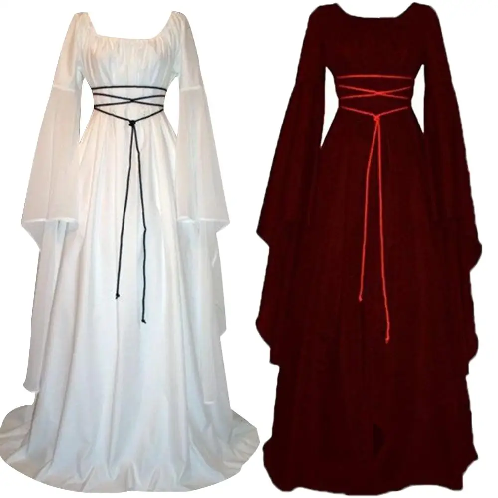 Women Irregular Long Sleeve Square Neck Waistband Maxi Dress Halloween Costume Renaissance Queen Cosplay Retro Fancy | Женская одежда