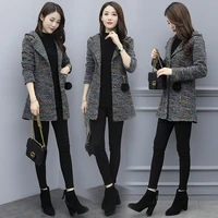 hooded woolen coat women autumn spring elegant striped tops long cardigan coat plus size full sleeve korean fashion clothing