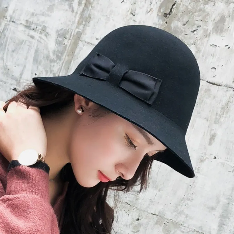 Винтажная Черная Женская Дамская Шляпка колокольчиком шляпа котелок с широкими
