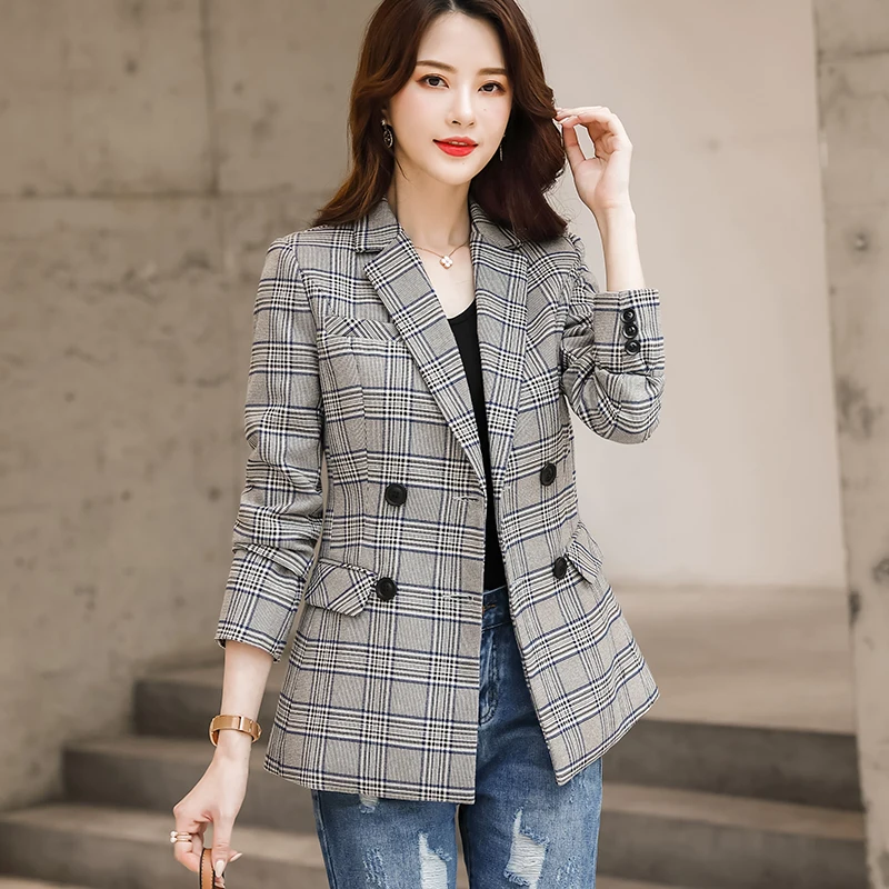 Женский двубортный пиджак Lenshin винтажное клетчатое пальто в английском стиле с