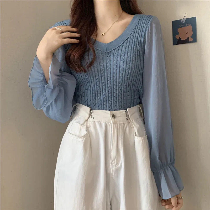 

Women Blouse Chiffon Puff Long Sleeve V-Neck Shirt Blouse Fashion Sexy Chic Female Shirts All-Matching Autumn Women Tops