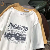 women short sleeve t shirt female tops 2021 spring summer cozy casual straight round neck cotton stretch hand painting comics