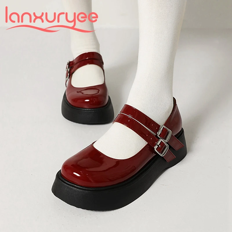 

Lanxuryee mary janes waterproof med heels round toe big size 42 buckle straps Japanese style maiden energy shallow pumps l0f3
