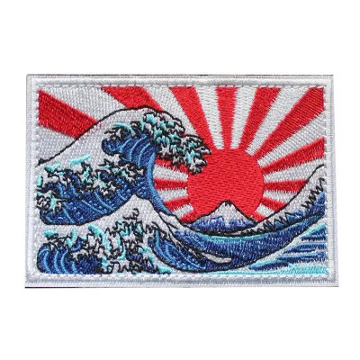 

Ukiyoe Embroidery Velcro Patch Kanagawa Big Wave Sea Stripes Armband For Clothing Jackets Bag DIY Applique Badge With Loop Hook