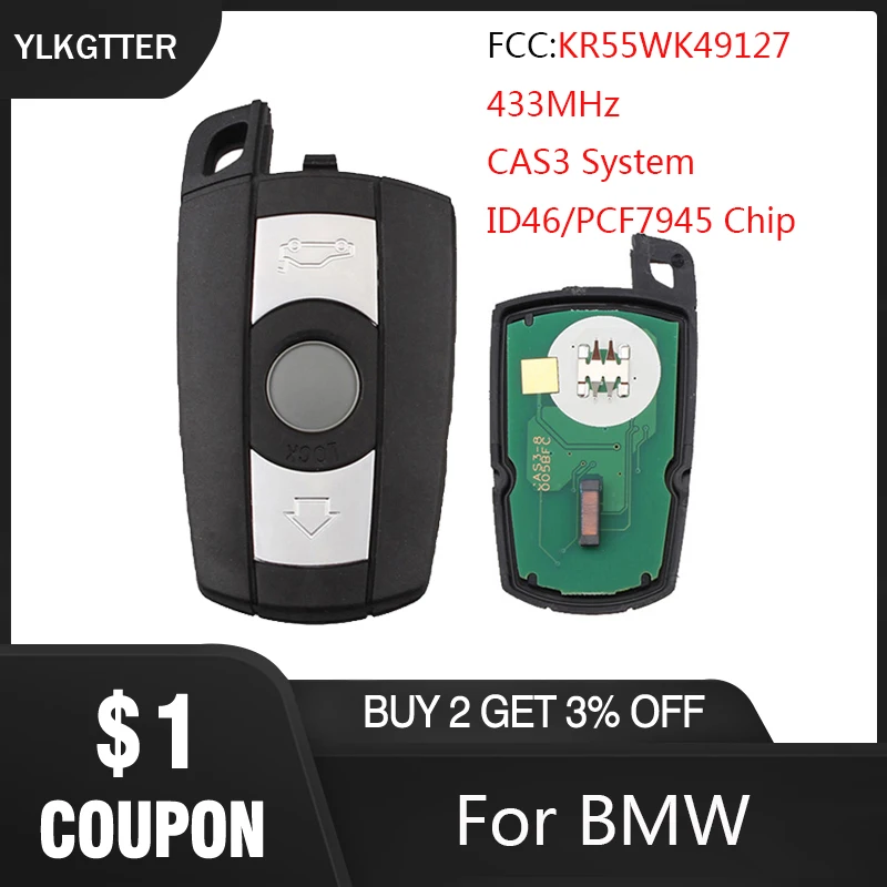 

YLKGTTER Smart Remote Key Keyless Fob 433MHz for BMW 1/3/5/7 Series CAS3 System X5 X6 Z4 Car Control Transmitter PCF7945 Chip