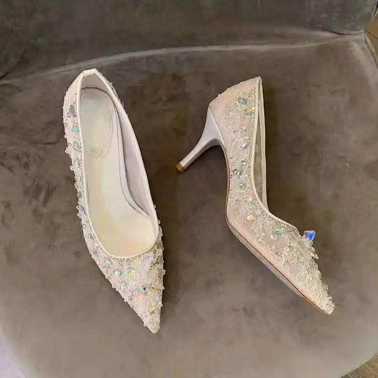

Bling Bling Silver Wedding High Heels Crystal Mesh Pumps Pointed Toe Formal Dress Shoes High Qaulity White Lace Bridal Shoes