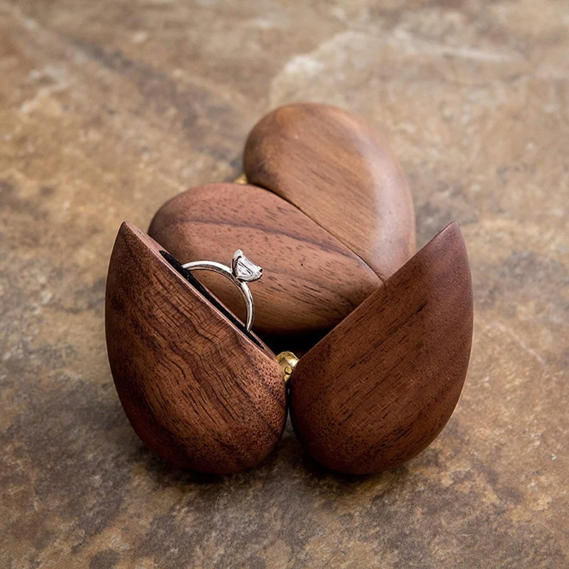 

Heart Shaped Walnut Wood Ring Box Velvet Soft Interior Holder Organizer Jewelry Wooden Box Case for Proposal Engagement