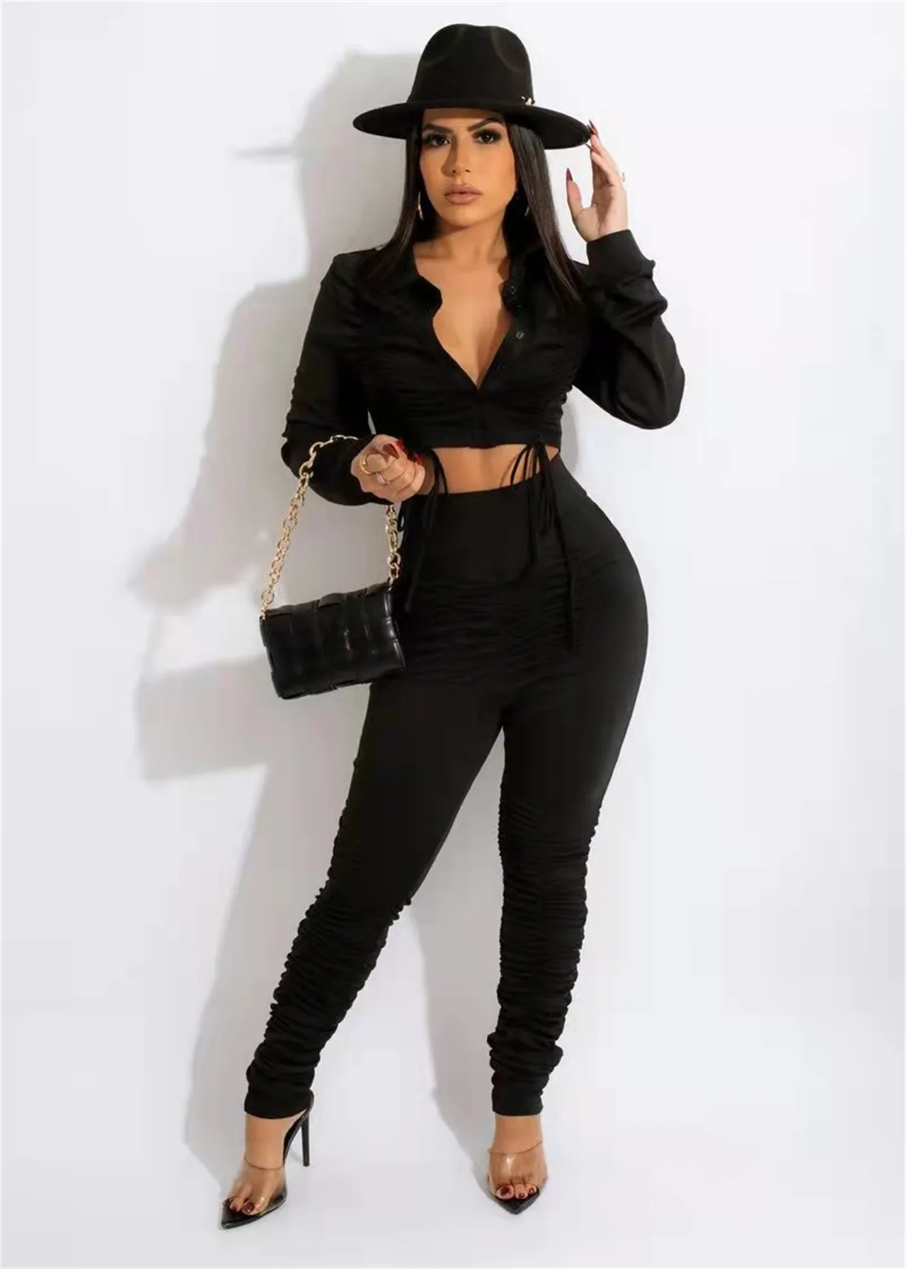 

Solid Color Trendy Chic Bandage Stacked Long Sleeve Shirts Top High Waist Skinny Pencil Pants Tracksuit Women Two Piece Sets