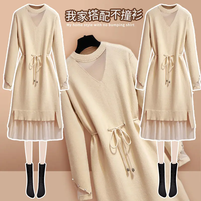 

Женское осеннее платье размера плюс, новинка 2021, модное облегающее ТРАПЕЦИЕВИДНОЕ ПЛАТЬЕ с поясом, осеннее платье большого размера для женщ...