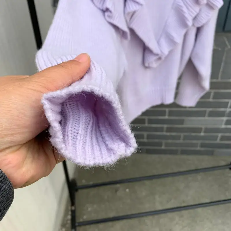 Spring winter purple Ruffles Knitted Sweater Women Pullovers casual O Neck Long Sleeve Chic korean sweater sweet Puff Femme 2019 | Женская