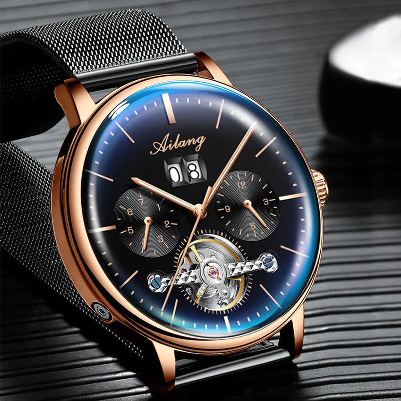 AILANG Tourbillon Fashion Automatic Skeleton Mens Watches Brand Luxury Week Calendar Waterproof Luminous Men's Wrist Watch 8622