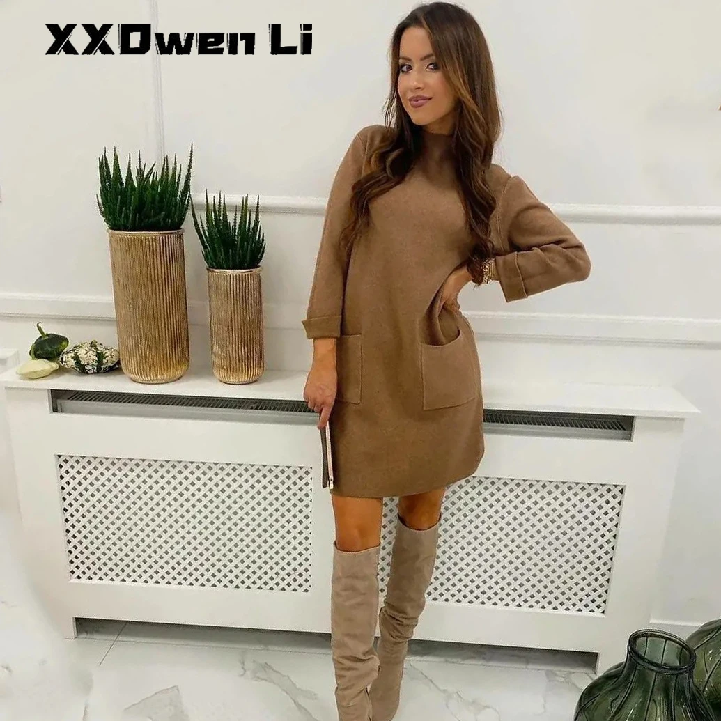 

Женское осеннее повседневное свободное мини-платье с карманами, круглым вырезом и длинным рукавом 2021, зимние элегантные офисные женские пл...