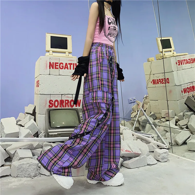 Mall Goth Y2K Cargo Pants Women Hippie Purple Plaid Harajuku Streetwear Chain Checked Trousers Female High Waist Aesthetic