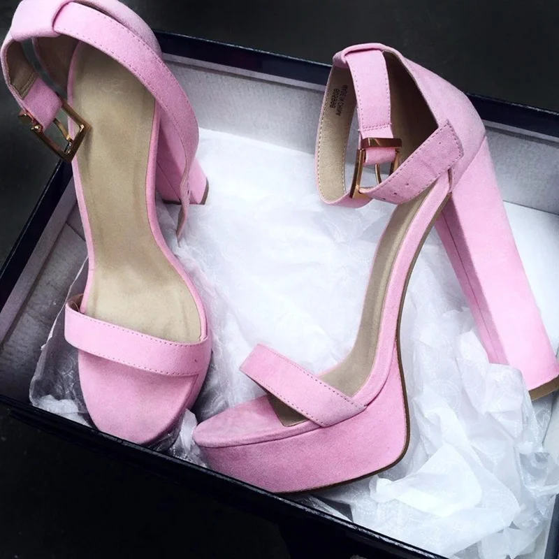 

Sexy Chunky Heels Sandals Buckle Ankle Strap Peep Toe High Platform Cut-out Dress Shoes Thick Heels Party Shoes Pink Blue