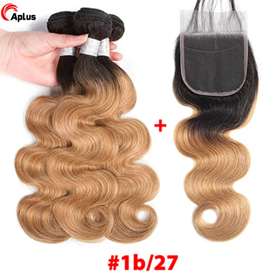 Aplus волосы предварительно окрашенные переплетения 3 пряди с Закрытие 4x4 1B/27 & 1b/30