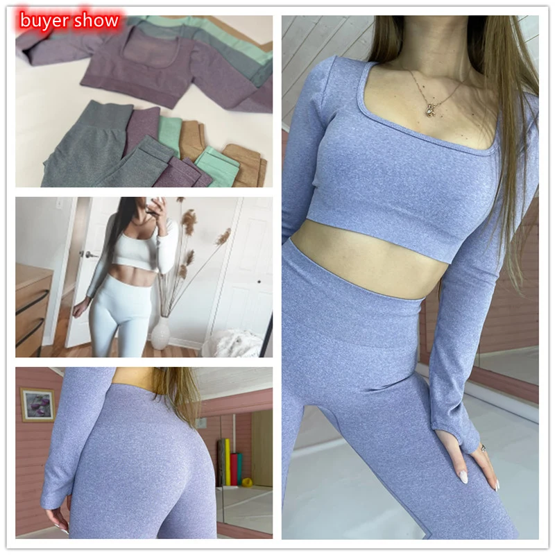 

Seamless Yoga Set Women Two 2 Piece Long Sleeve Crop Top T-Shirt Leggings Sportsuit Workout Outfit Clothes Gym Wear Sport Sets