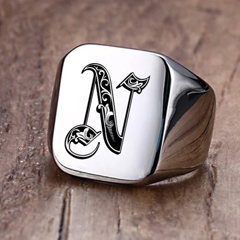 

Retro Initials Signet Ring for Men 18mm Bulky Heavy Stamp Male Band Stainless Steel Letters Custom Jewelry Gift for Him