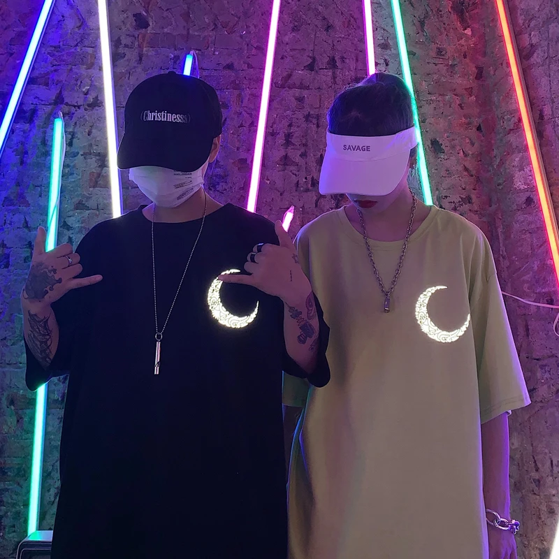 

Reflective Moon Print Harajuku Tees Summer New Women Clothing Korean O-neck Causal Ladies Tops Ins Hipster Short Sleeve T Shirts