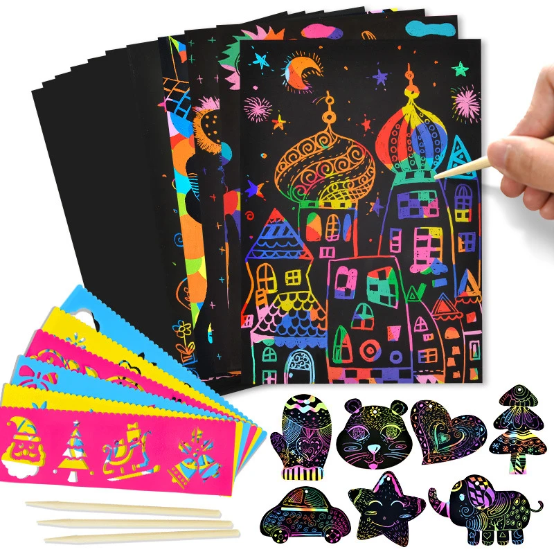 

50 Sheets Scraping Painting Papers Kids DIY Craft Drawing Magic Rainbow Color Scratch Art Paper Card Set with Graffiti Stencils