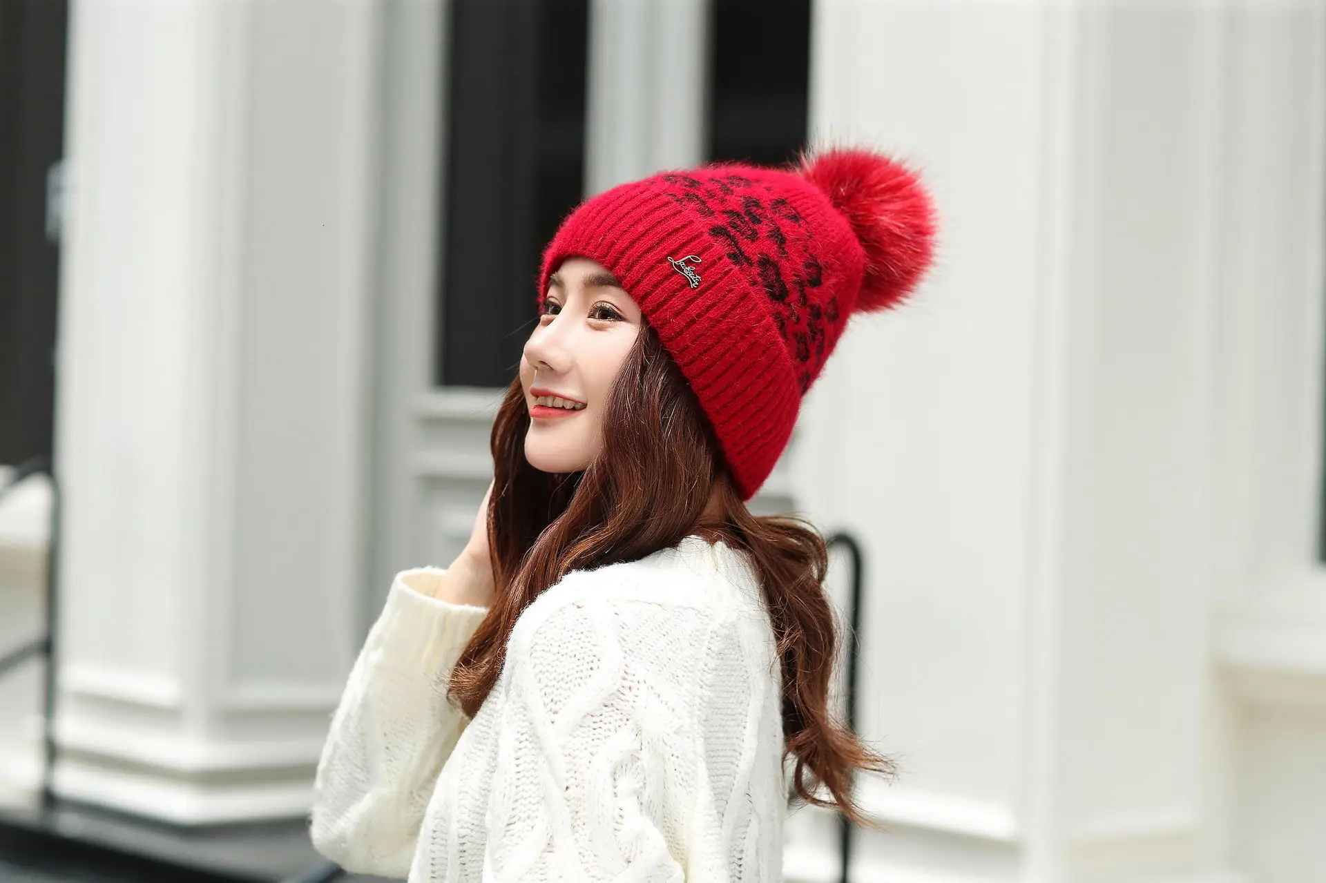 Women Beanies Pom Poms Rabbit Hat Beanie Knitted Skullies Fashion Caps Ladies Knit Cap Winter Hats For Women