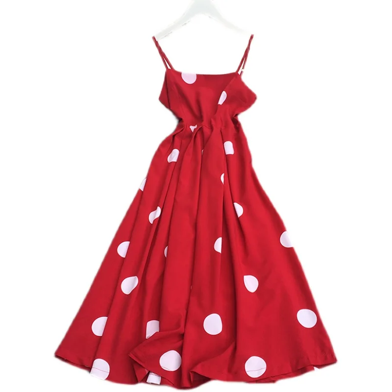 

2021 New Summer Fashion All-match sleeveless polka dot print Dress off back high waist slim sling Dress