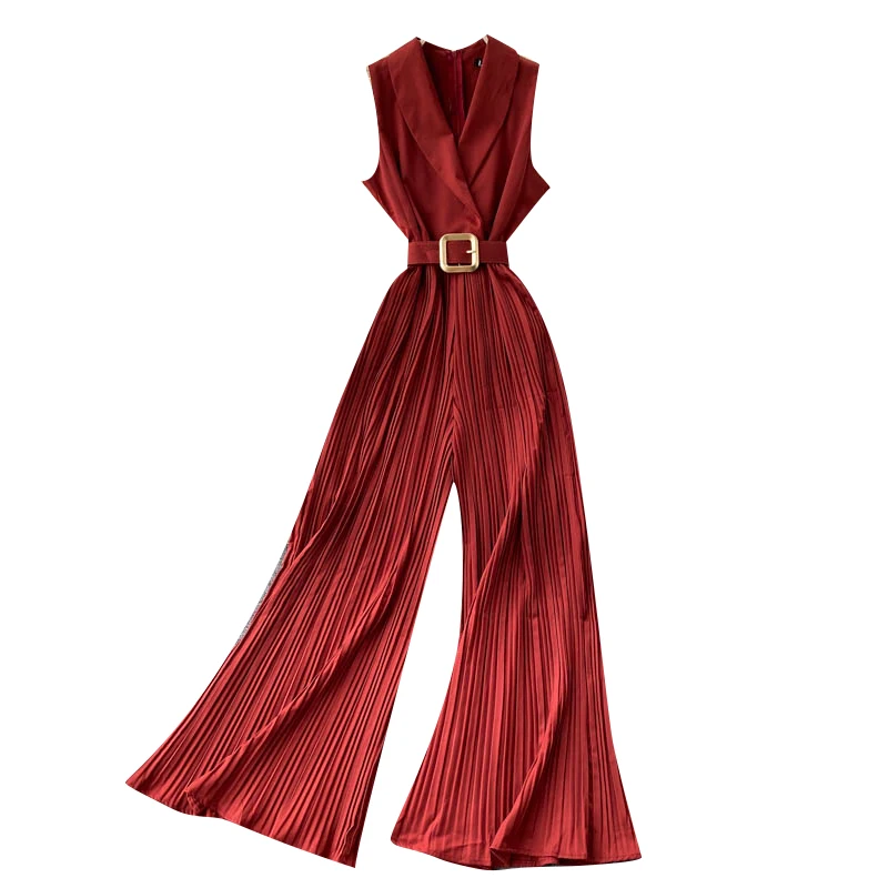 

New Summer Women Sexy Suit Collar Sleeveless Belt Slim Jumpsuits Office Lady Solid Color High Waist Pleated Long Pants Rompers