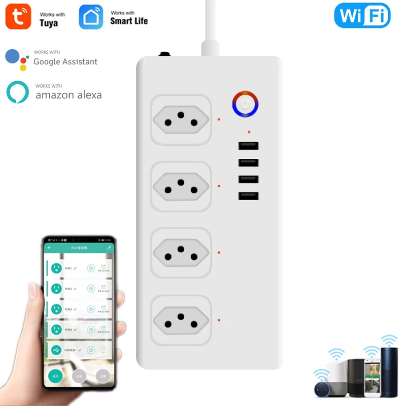 

Умный удлинитель с Wi-Fi, 4 стандартных розетки, 4 USB-порта 2,1 А