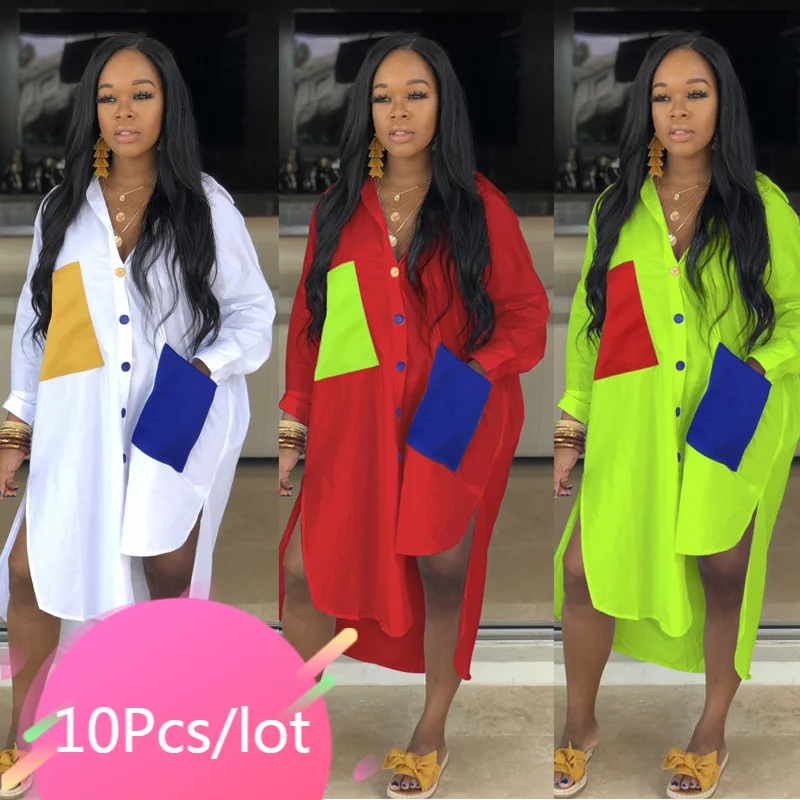 

Женское платье-рубашка с длинным рукавом, белое свободное платье большого размера с отложным воротником и пуговицами, с карманами, оптом