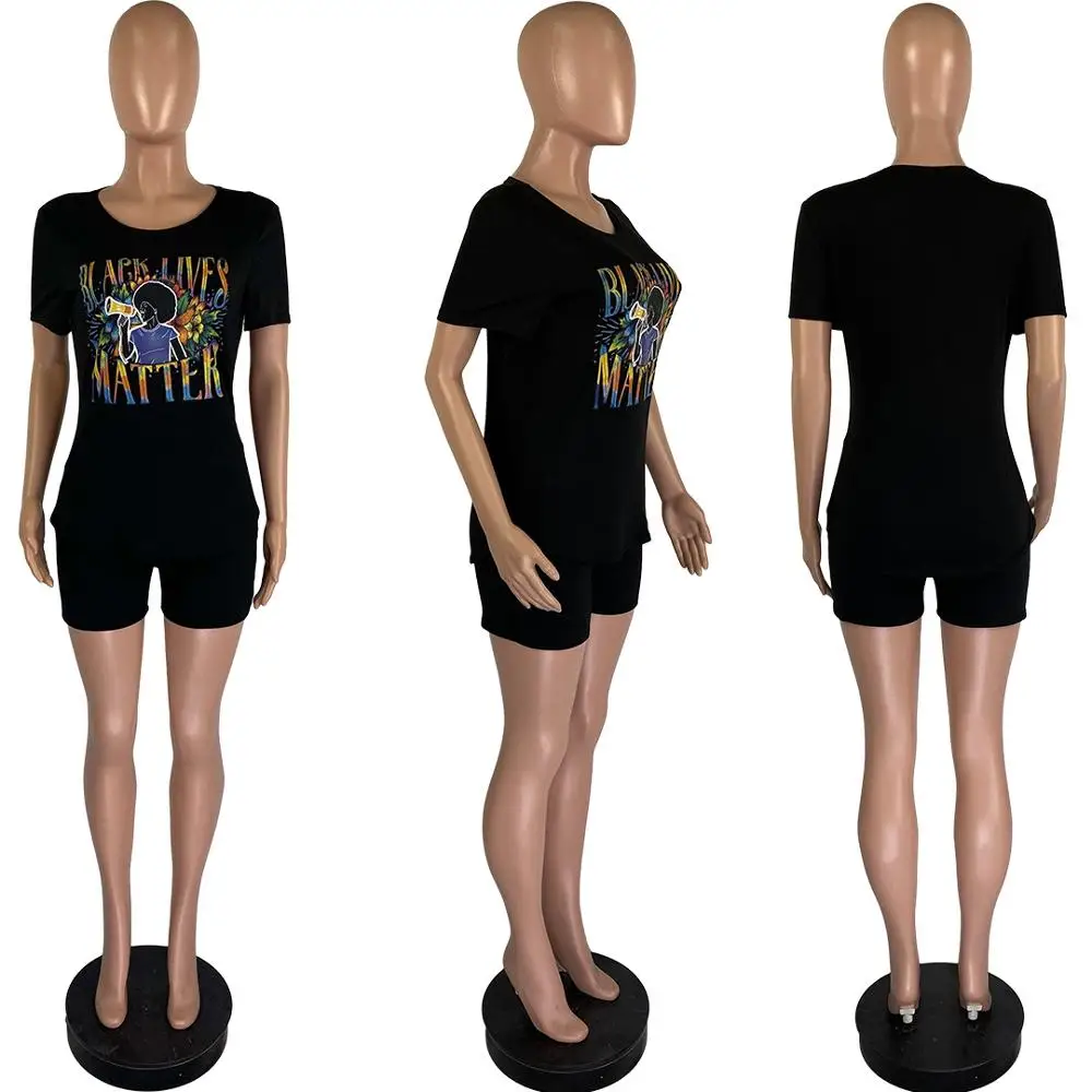 

New European casual cartoon printed women's suit fashion loose o-neck short sleeve T-shirt and shorts two-piece set