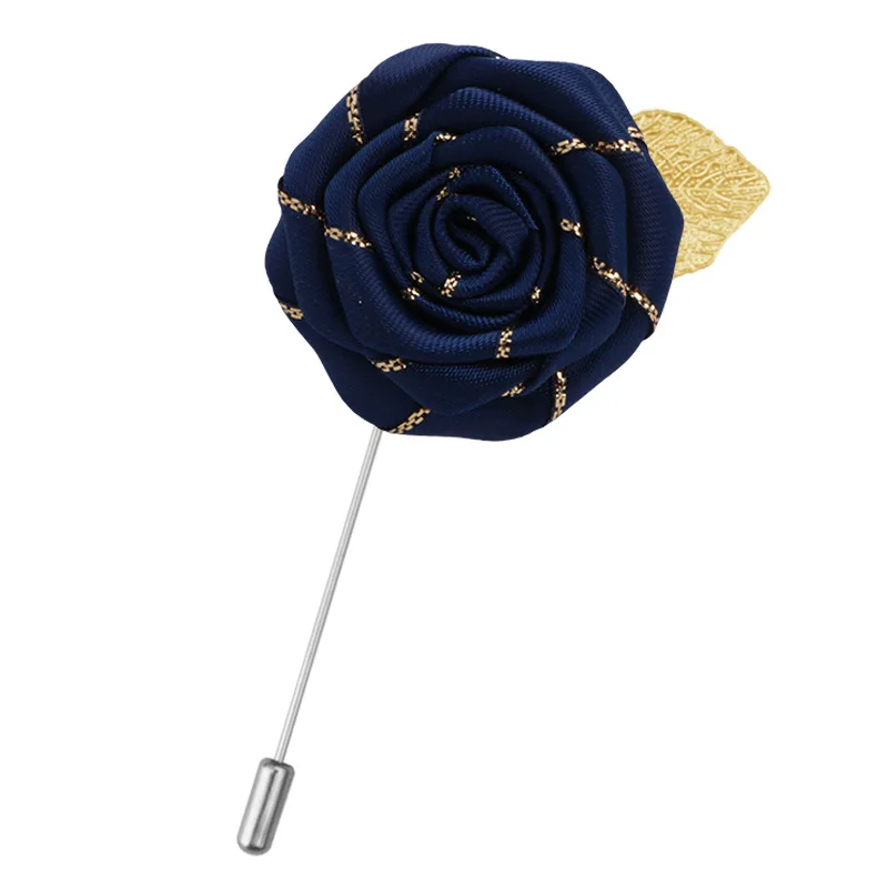 Navy blue Ручной работы мужской костюм Золотые листья Ткань Роза цветок брошь, ювелирные изделия Роскошный воротник нагрудный корсаж длинные иглы булавки Мужские аксессуары - Окраска металла: Navy blue