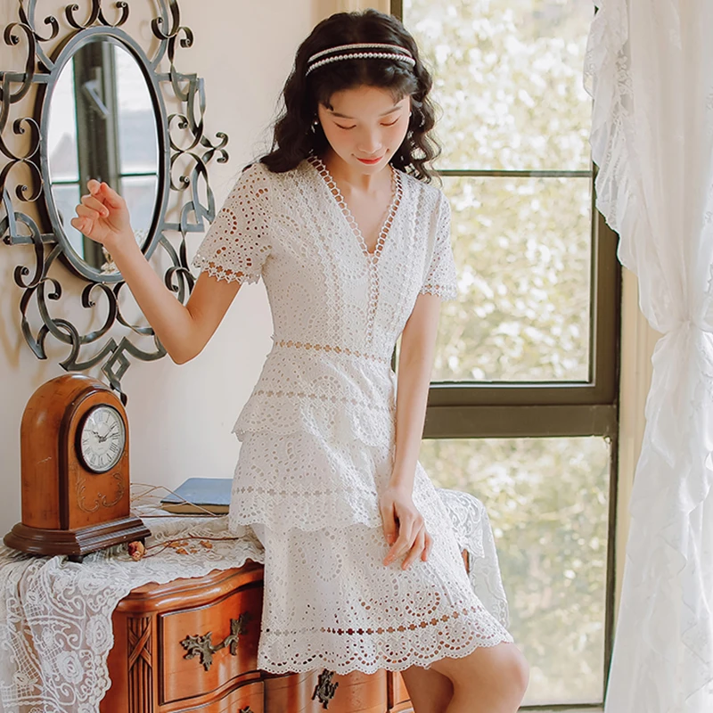 

Embroidery White Dress 2021 Summer Short Sleeve Hollow Out Ruffles Dress Streetwear Plus Size Elegant Party Dress Vestidos