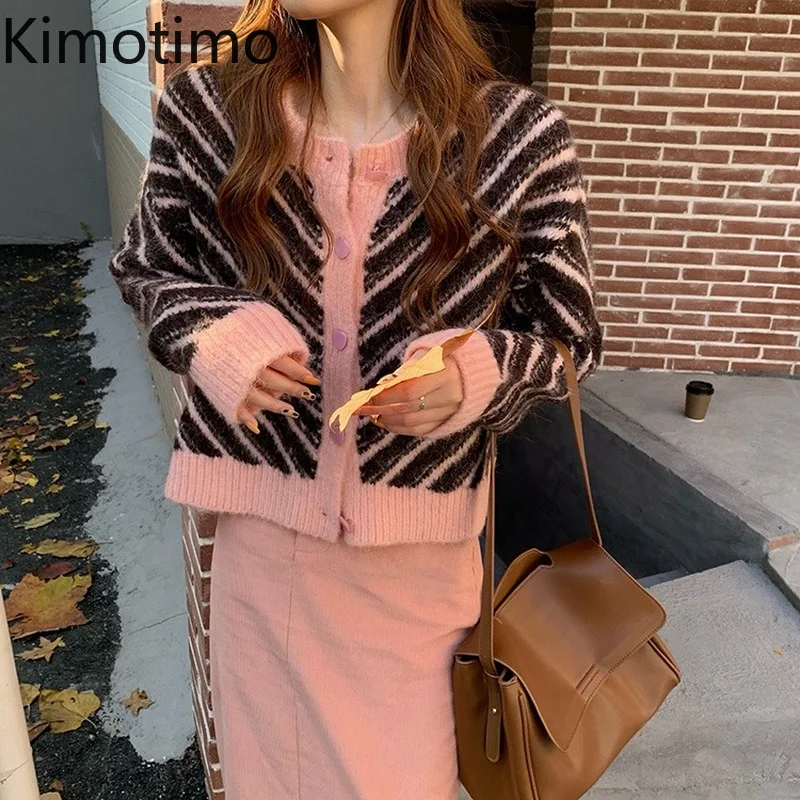

Свитер Kimotimo женский мохеровый в полоску, трикотажный кардиган контрастной расцветки в Корейском стиле Ins, Модный Топ с длинным рукавом и кру...