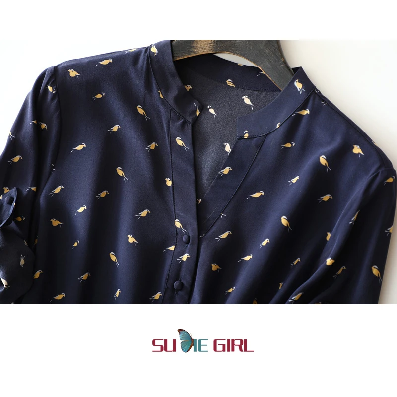 

SUDIE Girl Holiday style gentle temperament long skirt elegant light luxury silk printed V-neck slim short-sleeve dress