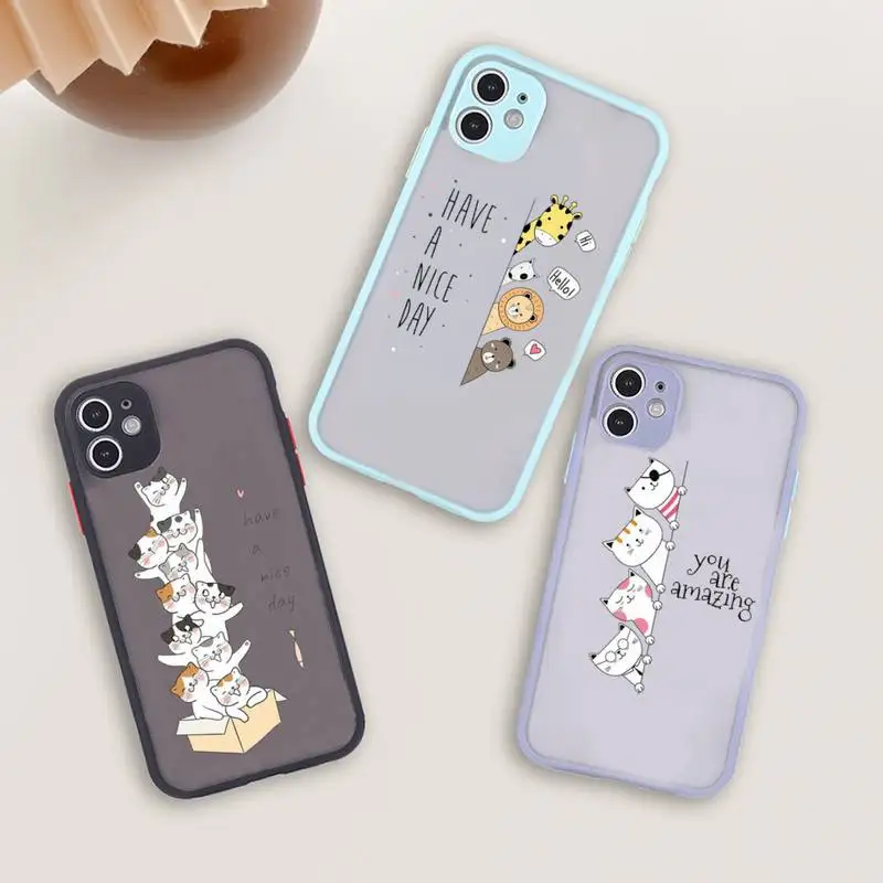 

Creative white Cute cartoon cat Phone Case For iPhone 12 11 Mini Pro XR XS Max 7 8 Plus X Matte transparent blue Back Cover