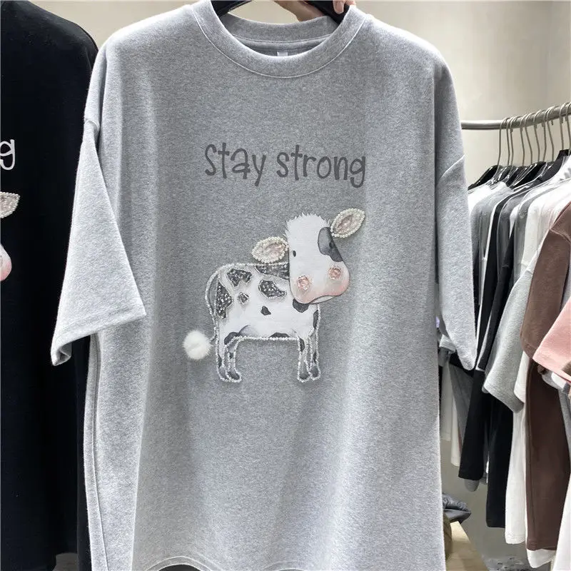 

2021 Spring Summer New Mid-length Beaded Cow Short-sleeved T-shirt Female Korean Version Loose Bottoming Shirt Brushed Top