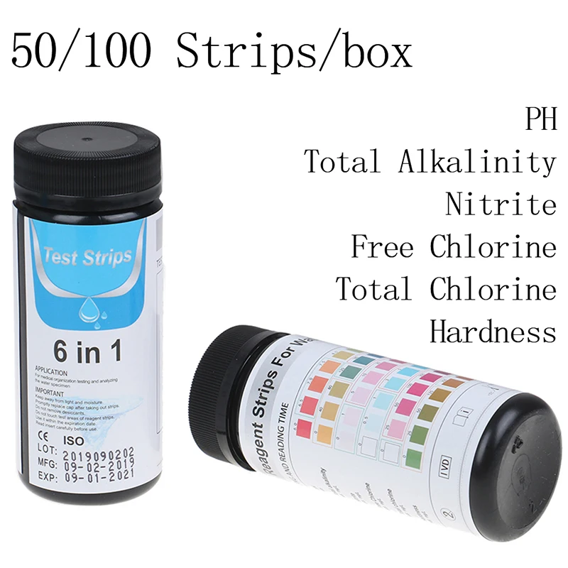 

50/100Pcs 6 In 1 Swimming Pool PH Test Paper Residual Chlorine Value Alkalinity Hardness Test Strip Pool Accessories