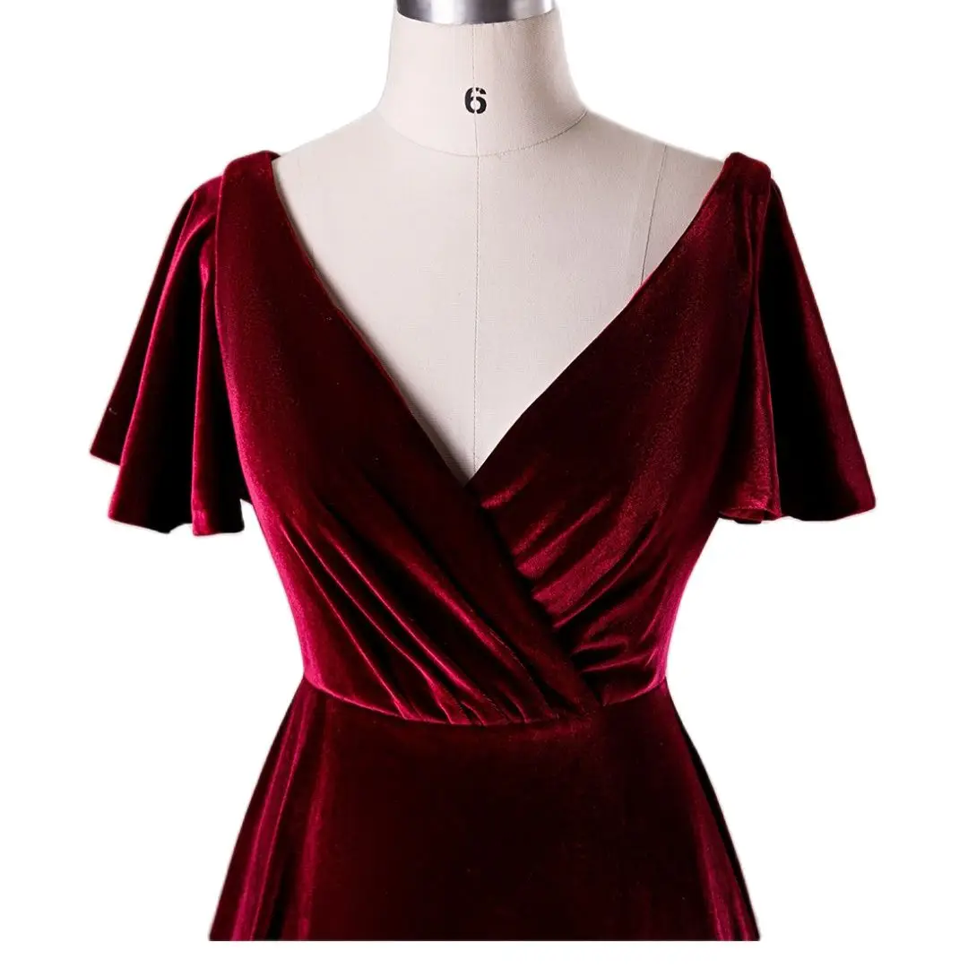 

Real Images Deep V-Neck Cap Sleeves Ruffles A-line Full-Length Pleat Custom-Made Wedding Guest Dress Mother Of The Bride Dresses
