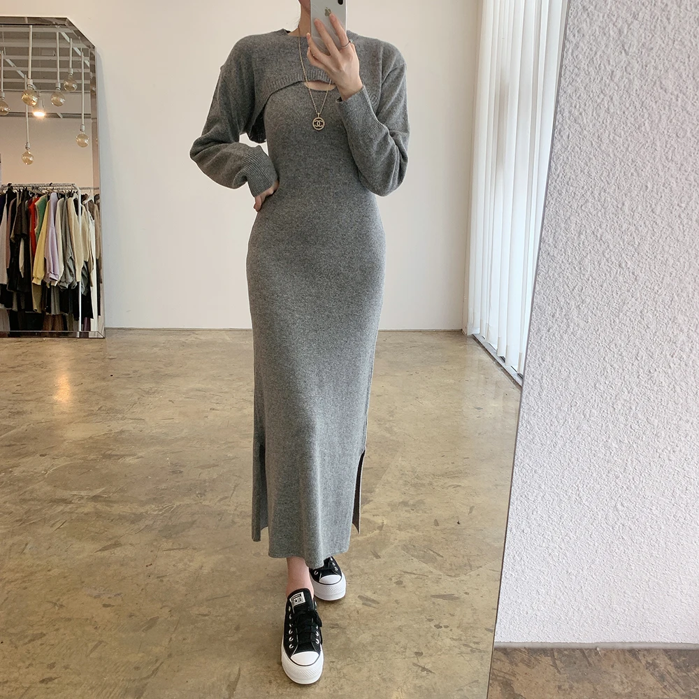 

SuperAen Fashion Solid Full Short Shawl Sweater+knitted Sling Dress Two-piece Set