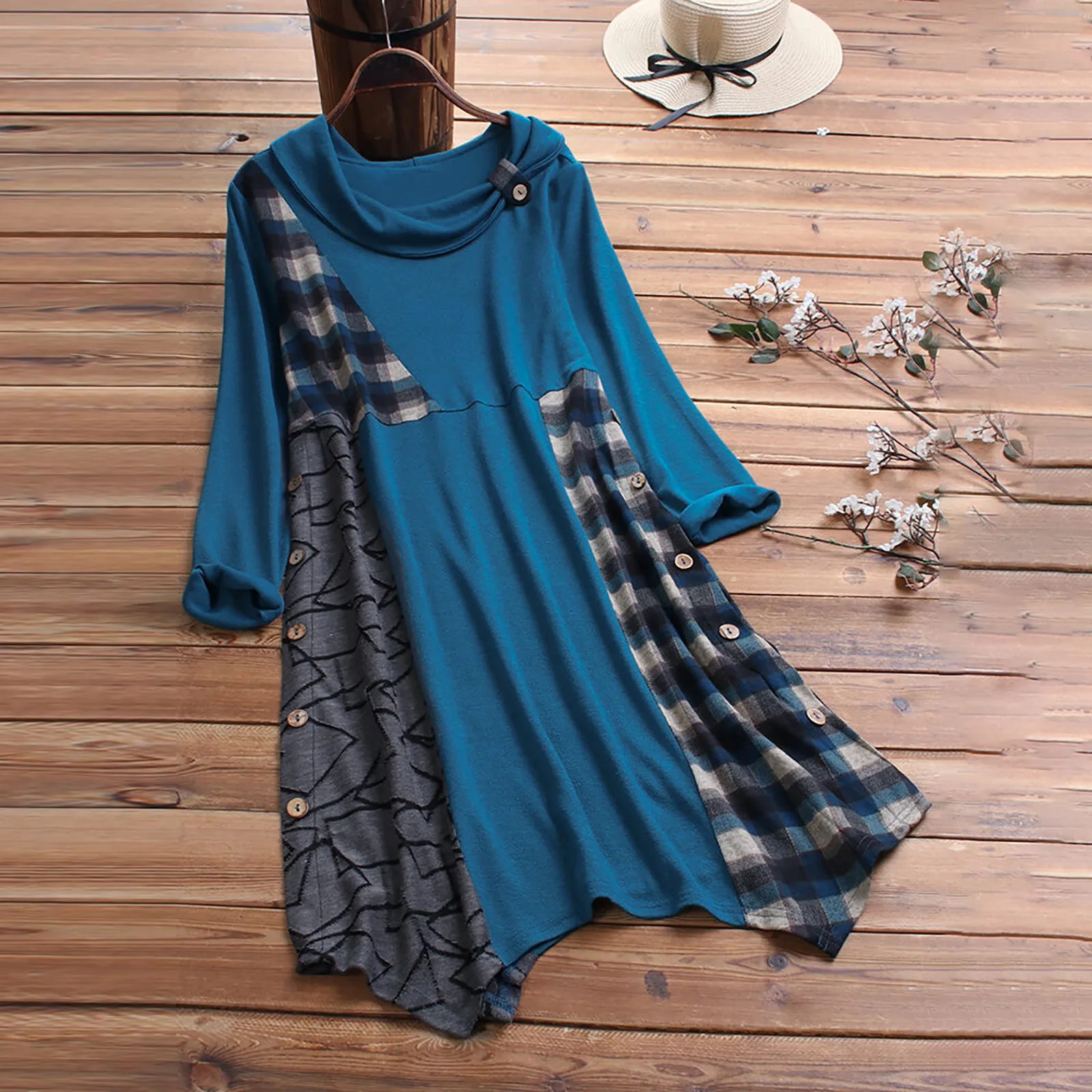 

Women Vintage Casual Patchwork Long Sleeve Button Plaid Scarf Collar Maxi Dress Plus Size Dress