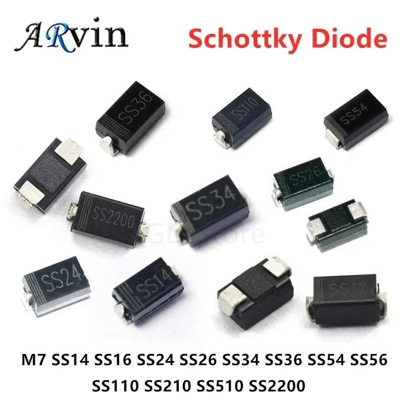 

100 шт SMA Schottky диод выпрямитель диод (1N4007) M7 SS14 SS16 SS24 SS26 SS34 SS36 SS54 SS56 SS110 SS210 SS510 SS2200
