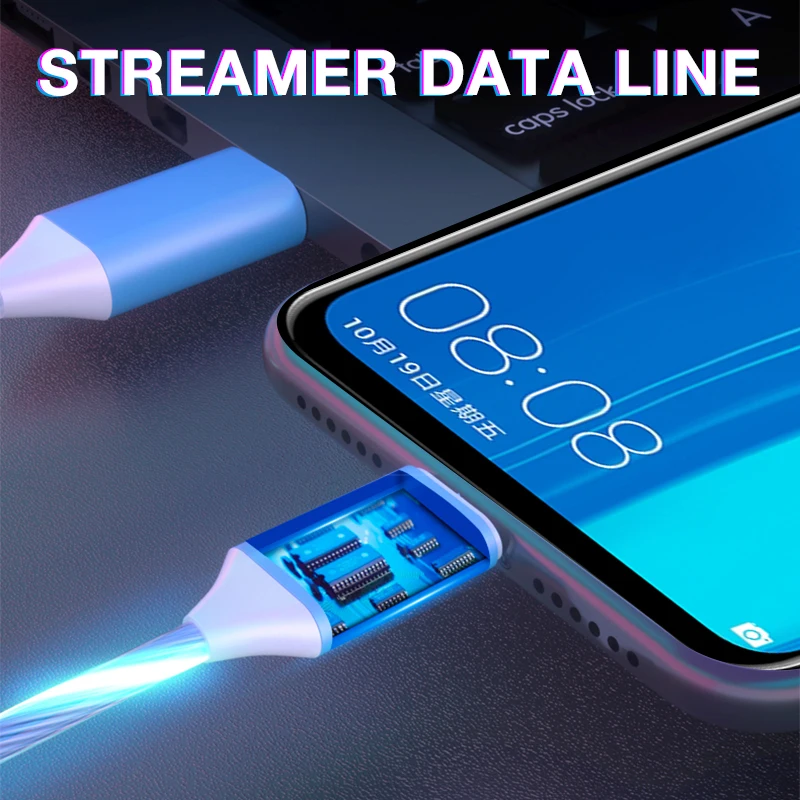 Стример Быстрая зарядка кабель Micro usb type C USBC для samsung Note10+ зарядка для iPhone линия передачи данных Шнур зарядки светящийся провод