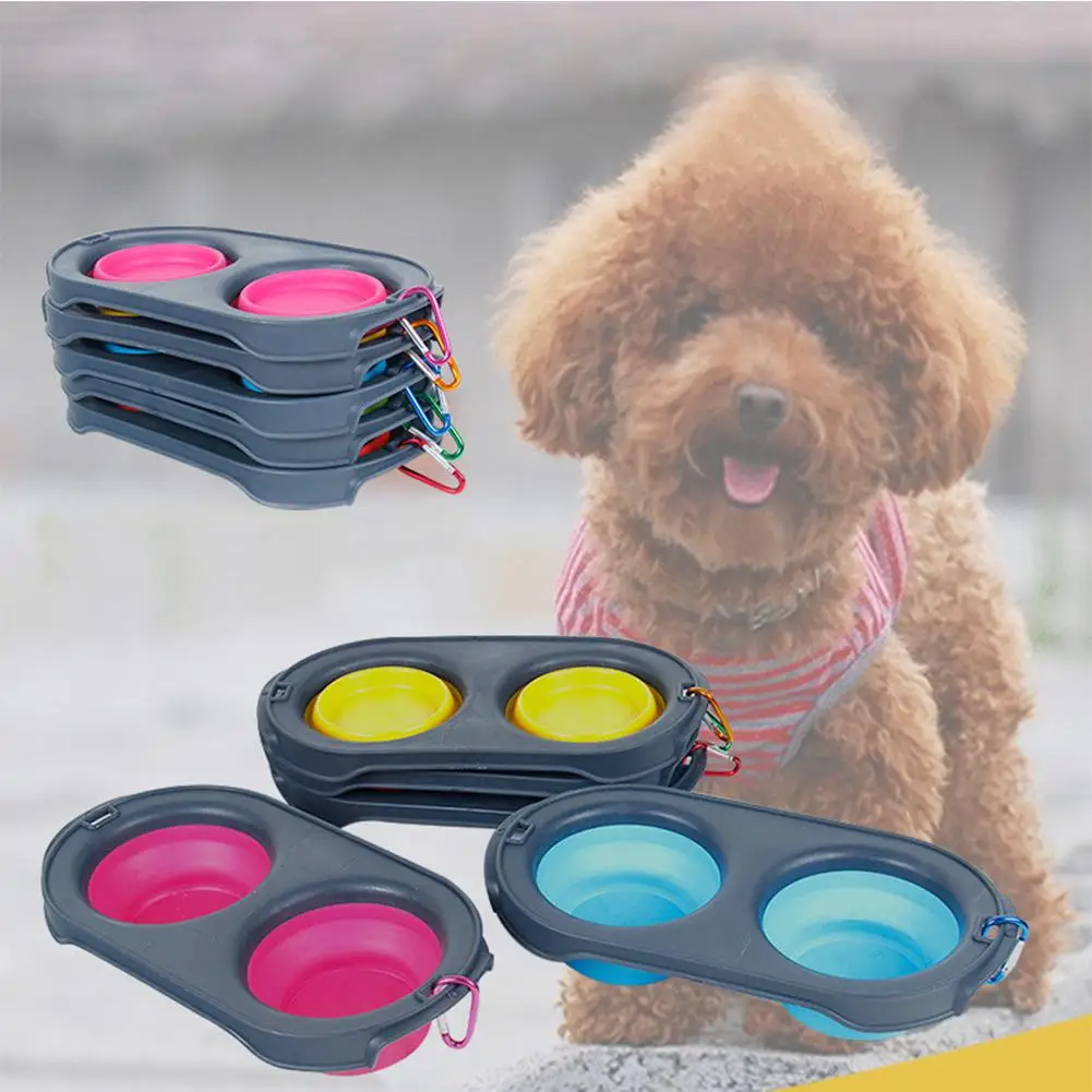 

Dual-use Folding Silicone Double Bowl for Pet Dog Cat Food Feeding Water Drinking