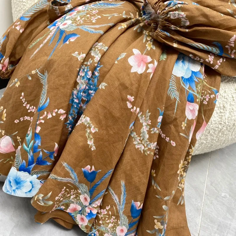 

2021 Spring New Arrival European Fashion Lantern Sleeve Self-Tie Belt Ladies Elegant Brown Linen Dresses