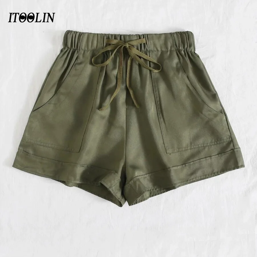 

ITOOLIN Army Green Casual Drawstring Shorts For Women Hot Summer Wide Leg Elastic Waist Short Pants Female Pockets Streetwear