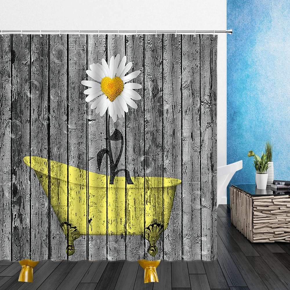 

Cartoons Shower Curtains Flowers Bathtub Retro Board Pattern 3D Print Waterproof Cloth Bathroom Decor Curtain Set With Hooks